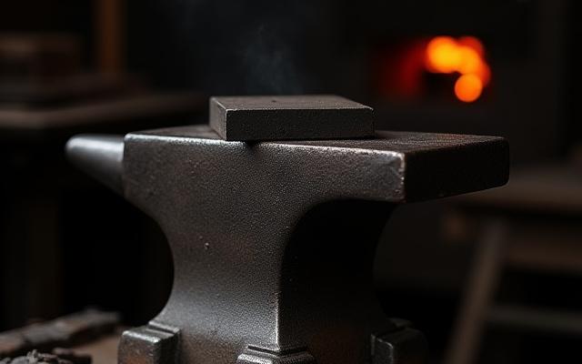 古びた金床に置かれた打ちかけの鋼